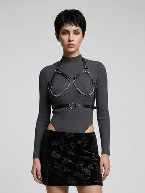 Unique Double Heart Distressed Faux Leather Body Harness